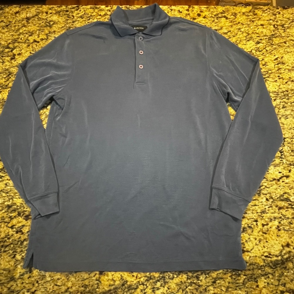 Bugatchi Mens Long Sleeve Polo Shirt Blue Textured Micro Stripe Size M
